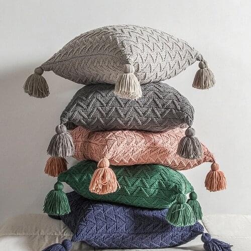 45*45 Tassels Decorative Cushion Covers Chenille Cable Knit Pattern Throw Pillow Case Sofa Bedroom Pillowcases Home Decor