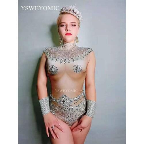 Sparkly Crystals nude Color Bodysuit Stretch Stones Outfit Celebrate Female Singer Dancer