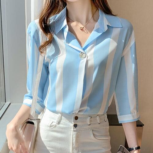 Stripe Print Shirt Women POLO Collar Blouse Half Sleeve Fashion Button Chiffon Tops Summer 2021 Loose Vintage Korean Blouses