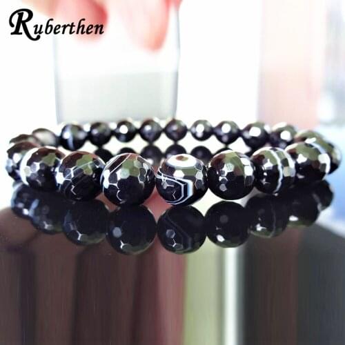 Ruberthen Genuine 10 MM Black Facetted Sardonyx Bead Bracelet for Men Trendy Yoga Mala Energy Bracelet
