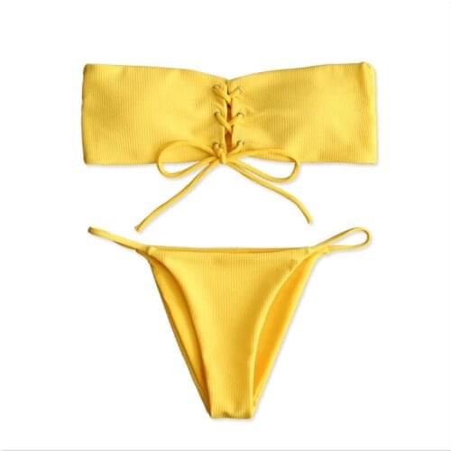 Brazilian Women Swimwear Bandeau Solid Ribbed Bikini Set Swimsuit Strapless Bathing Suit maillot de bain femme Push Up Padded Sw