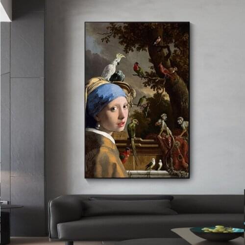 Girl with Pearl Earrings and Monkey Posters and Prints Abstract Animal Art Mural Art Picture on Canvas Home Decor