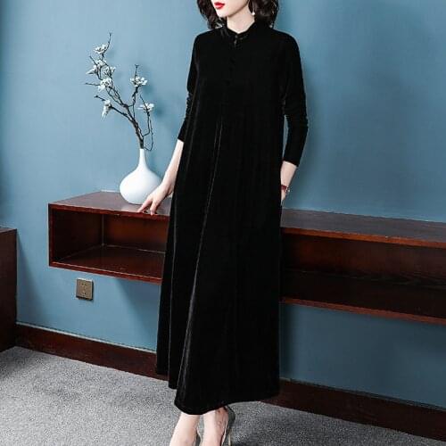 Chinese style stand collar Elegant Maxi Dress plus size Spring Autunm velour dress M- 8XL big size Winter velvet dress Vestidos