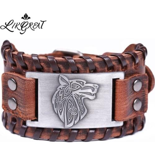 LIKGREAT Braid Leather Bracelets for Men Vintage Antique Silver Color Metal Viking Punk Wolf Charms Bracelet Talisman Adjustable