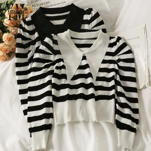 YornMona Ins Fashion Long Puff Sleeve Pullover Tops Women Spring Autumn Stripes Knitted Sweater T Shirt Ladies Outwear Tops