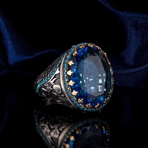 Sterling silver mens ring Turkish handmade jewelry aquamarine stone all size