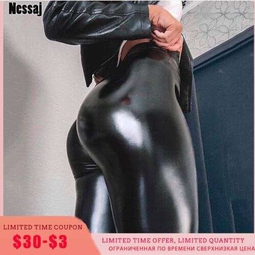 Nessaj Black Summer PU Leather Pants Women High Waist Skinny Push Up Leggings Elastic Trousers Plus Size Spandex 10% Jeggings