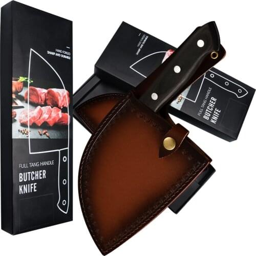 Full Tang Handmade Butcher Knife Forged Serbian Chef Clad Steel Camping Kitchen Broad Knife Leather Sheath Covers Case Gift Box