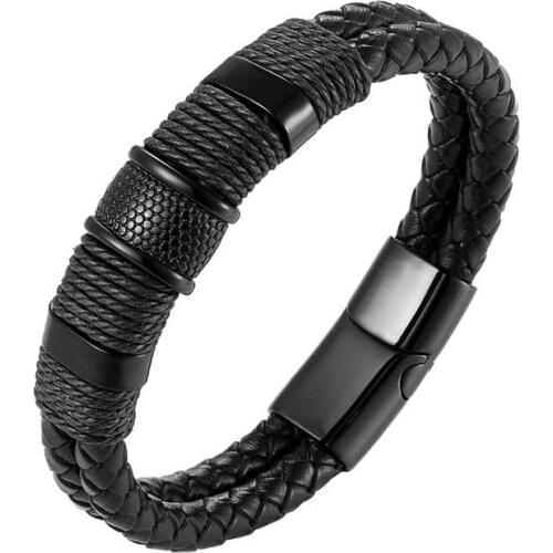 Fashion punk stainless steel mens wild woven personality inverted magnetic buckle leather jewelry bracelet