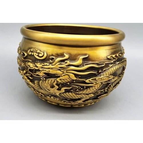 Excellent Ancient Style Pure Copper Pot Jar Crock Dragon Phoenix Cloud Signed Lucky Decorations