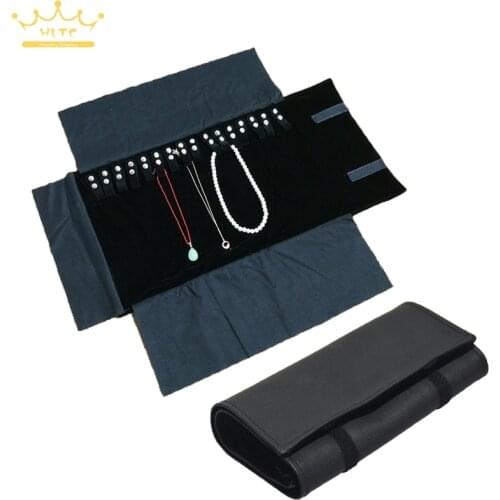 Jewelry Roll Bag Portable Carring Case Black PU Leather Organizer Necklace Pendant Storage Box Chain Bag