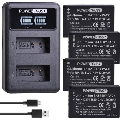 PowerTrust 4Pc EN-EL20 EN-EL20A EN EL20a Battery akku +LED USB Dual Charger for Nikon Coolpix P1000 Nikon1 J1, J2, J3 Nikon1 AW1
