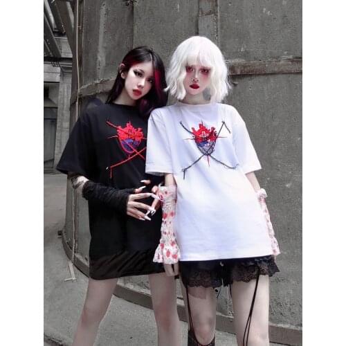 Ruibbit New Arrival Summer Heart Embroidery Chains Short Sleeve T-shirt Punk Gothic Loose Shirt Women Casual Tee Tops