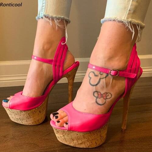 Ronticool Handmade Women Platform Sandals Cork Pattern Sexy Stiletto Heel Open Toe Gorgeous Fuchsia Red Party Shoes US Size 5-20
