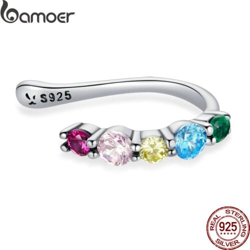 Bamoer 1Piece Rainbow Colors Zircon Elf Ear Cuff Clip 925 Sterling Silver Earring for Women Statement Jewelry Party Gift SCE1250