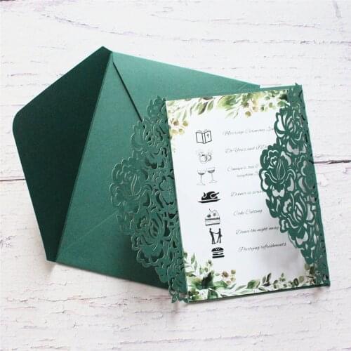 Dark Green Wedding Invitation Envelope Rose Laser Cut Card Elegant Party Paper Decorations 50 Sets