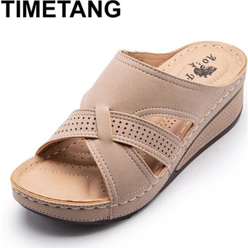 TIMETANGNew2021Summer Shoes Woman Outer Wear Non-slip Plus Size Wedge Retro Breathable Hollow Women Slippers Beach Ladies Slides