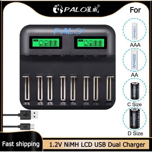 PALO USB Smart LCD Quick Charger AA AAA C D Battery Charger 8 Slots For 1.2V AA AAA SC C D NIMH NICD Rechargeable Battery