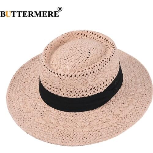 BUTTERMERE Sun Hats for Women Light Pink Pork Pie Straw Hat Female Beach Panama Summer Caps Ladies Wide Brim Hat