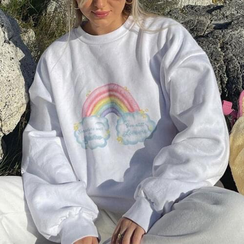 Women Rainbow Print Sweatershirts Spring Autumn Korean Style Loose O-Neck Hoodie 2021 Harajuku Vintage Oversized Girls Hoodies