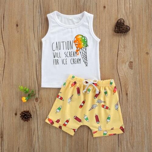 2Pcs Baby Boy Summer Outfits Cute Ice Cream Letter Print Sleeveless Tops + Shorts Set