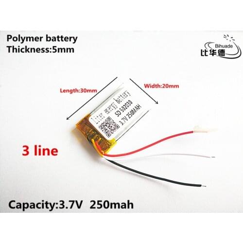 3 line Good Qulity 3.7V,250mAH,502030 Polymer lithium ion / Li-ion battery for TOY,POWER BANK,GPS,mp3,mp4
