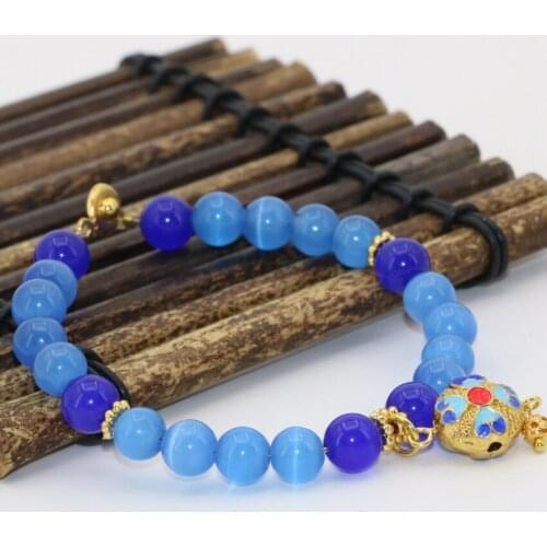 8mm Unique Cloisonne Strand Beaded Blue Cat Eyes Round Beads Bracelets for Women Hot Sale Jewelry 7.5inch B2730