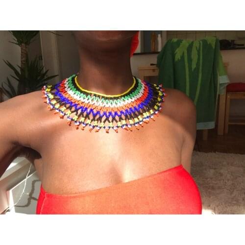 African Handmade Ethnic Bib Collar Necklace Resin Beaded Tassel Choker Necklace Statement Maxi Tribal Halloween Party Jewelry