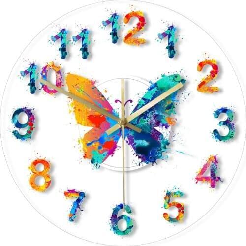 Watercolor Butterfly Painting With Numbers Modern Wall Clock Hanging Timepiece Giclee Fine Art Print Silent Wall Watch