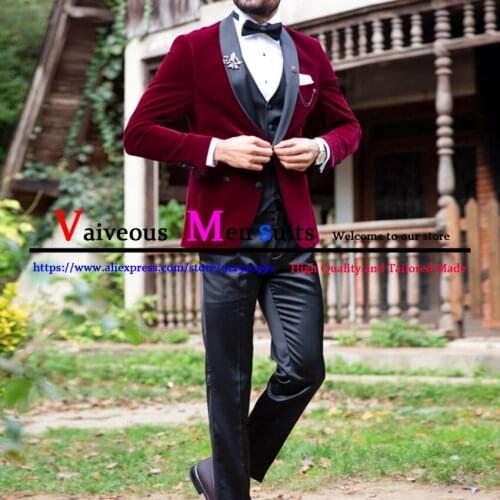 Burgundy Velvet Mens Suit Shawl Lapel Blazers Custom Made Male Tuxedos Groom Wear 3 Pieces Prom Party Jackets Pants With Vest