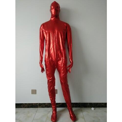 Brand Pearl Diary Sexy unisex red color Shiny Metallic Catsuit Lady Leotard Catsuit black Zipper with hood 8style can choose