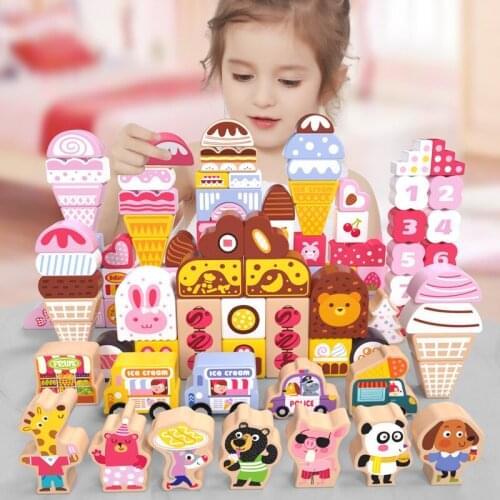 Kids Toys Wooden Toys Ice Cream Animal Scenes Geometric Shape Assembled Building Blocks Early Educational Toys For Children