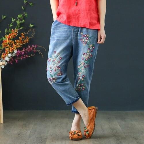 Woman Summer Harem Jeans new spring Autumn Women Holes Vintage embroidery Jeans Women Casual Elastic Waist Denim Pants