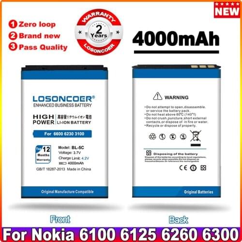 LOSONCOER 4000mAh BL-5C BL-5CA BL-5CB Battery For Nokia 2610 1100 1110 1112 1116 6230 6630 N70 N71 N72 N91 E60 BATTERY 5C BL5C