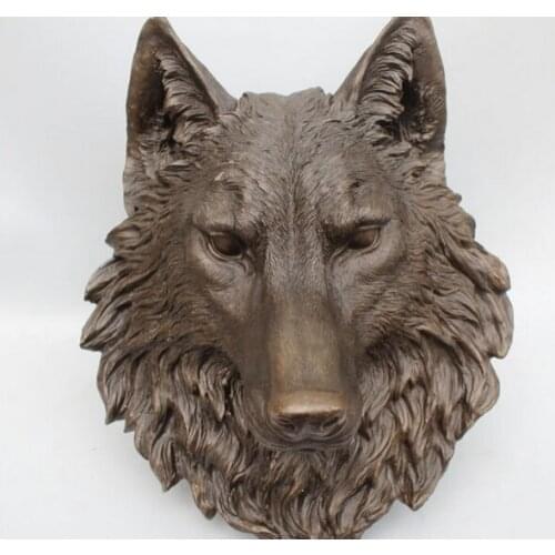 Huij 007059 12"Chinese Art Pure Bronze refined Carved ferocity wolf Head Statue sculpture