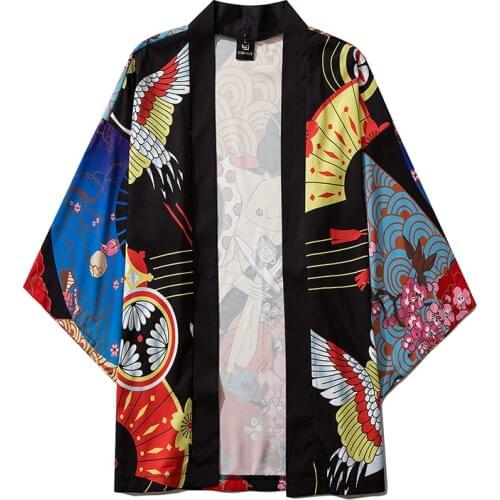 Bebovizi Streetwear Ukiyo-e Flower Print Kimono Cosplay Cardigan Robe Haori Obi Traditional Japanese Clothes for Women Men