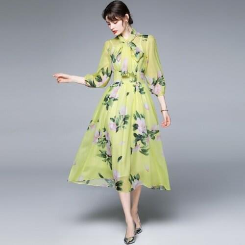Summer Vacation Bohemian Beach Chiffon Dress Womens Wrist sleeve Bow Collar Lace up Flower Printed Elegant Midi Dress k6607