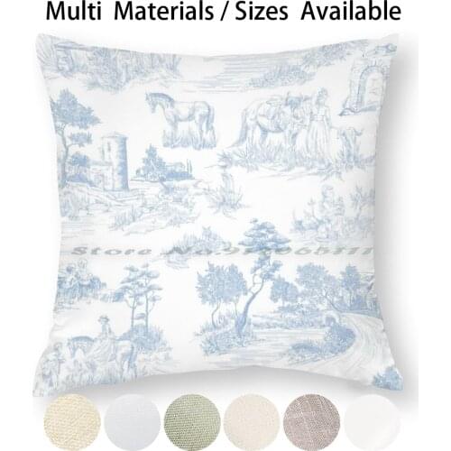 Toile De Jouy Soft Blue White Vintage Print Design Pillow Case Throw Pillow Cover Cotton Linen Flax De Jouy Pattern Apron Arts