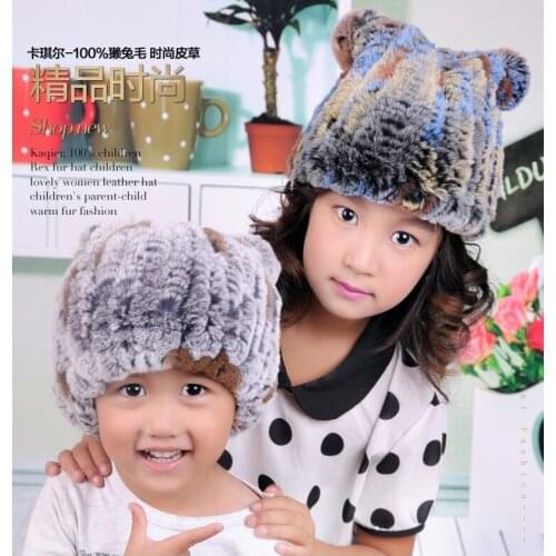 The new winter rex rabbit fur hat leather hat child ear cap thick warm wool hat