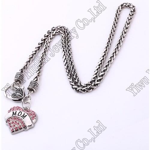 New Arrival Vintage Engraved Mom Letter Full Rhinestones Heart Pendant Necklace Gift