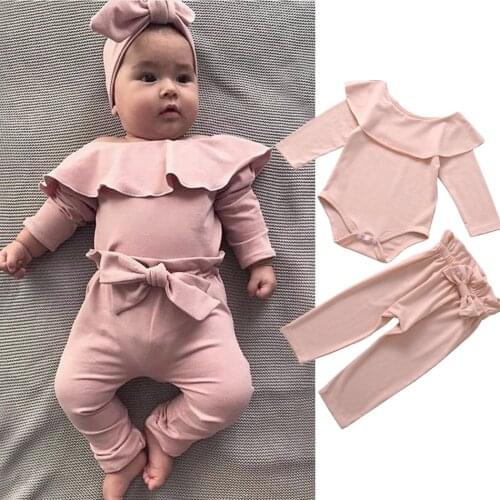 0-2 Years Baby Girl Clothes Set Newborn Infant Spring Autumn Romper Tops and Bow Pants 2 Piece Outfits Toddler Kids Clothing
