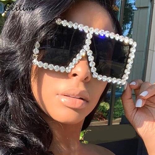 Luxury Brand Shiny Crystal Diamond Square Sunglasses for Women 2021 New Oversized Flat Top Sun Glasses Trendy Big Frame Eyewear