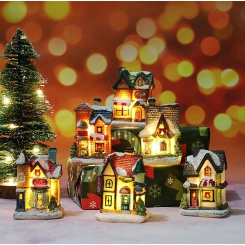 Mini Christmas Resin House with LED Light Merry Christmas Decor for Home Xmas Tree Ornaments 2020 New Year 2021 Christmas Decor
