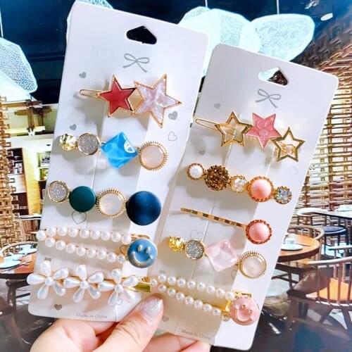 Fashion Acrylic Women Barrette Set Jewelry Korean Simulated Pearl Flower Star Hairpins Clips Girl Hair Accessories Hairgrip Gift