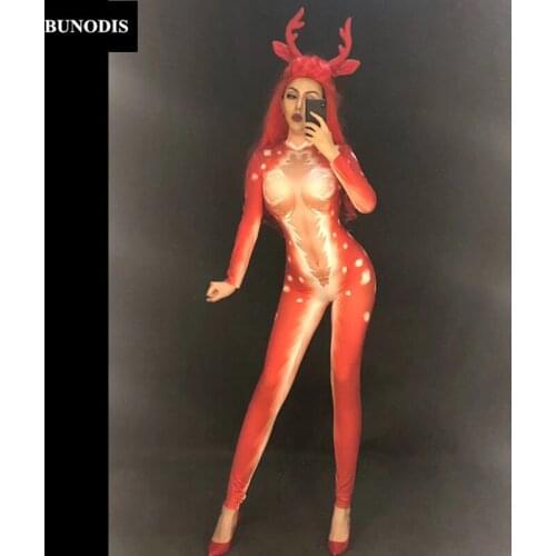 ZD402 Christmas Style (Without Headwear) Women Sexy Red ELK Jumpsuit 3D Printed Bodysuit Nightclub Party Stage Wear Dancer