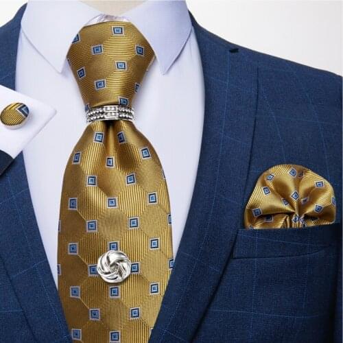 Yellow Plaid Dot Ties For Men Luxury Wedding Party Men Neck Tie Set Pocket Square Cufflinks Tie Tack With Chain Men Gift DiBanGu