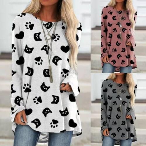 Cat Midi Long Sleeve T-Shirt for Women Clothing 2021 Autumn New Fashion Crew Neck Casual Loose Top Tee Oversize Pullover Tunic