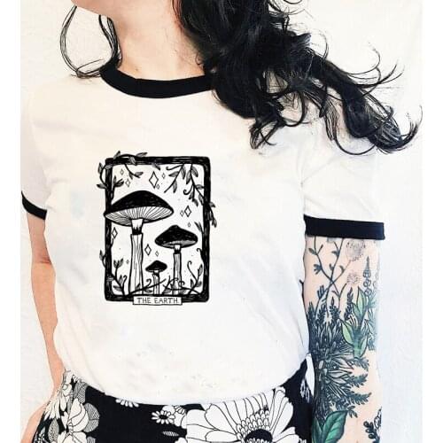 The Earth Tarot Card Womens T Shirt Mushroom Vintage Aesthetic Graphic Tee Plant Vegan Short Sleeve Tops Oversized Clothes