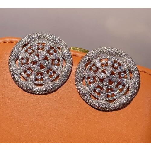 Hibride Fashion Full Micro Pave Cubic Zirconia Round Big Stud Earrings for Women Flower Design Bridal Wedding Accessories E-1020