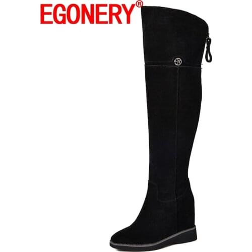 EGONERY Women winter New Style Slope Heel High boots Round Toe Solid color Cow turn skin upper Metal Star decoration Comfortable